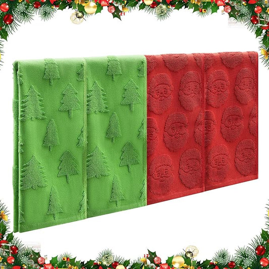 4 Pack Christmas Hand Towels Red Green Holiday Bathroom Face Towels Absorbent 100% Cotton with 3D Jacquard Santa and Christmas Tree Pattern for Decorative Xmas Gift