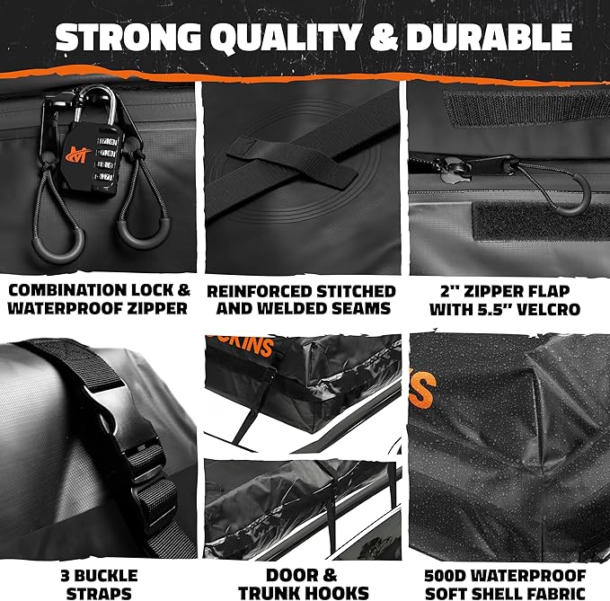 Mockins XXL 50 CuFt Cargo Roof Bag | 85"x50"x20" All-Weather Soft Shell Vinyl Car Top Carrier Without Roof Rack | Waterproof Rooftop Cargo Bag for Top of Car Storage | Roof Rack Bag w/Accessories