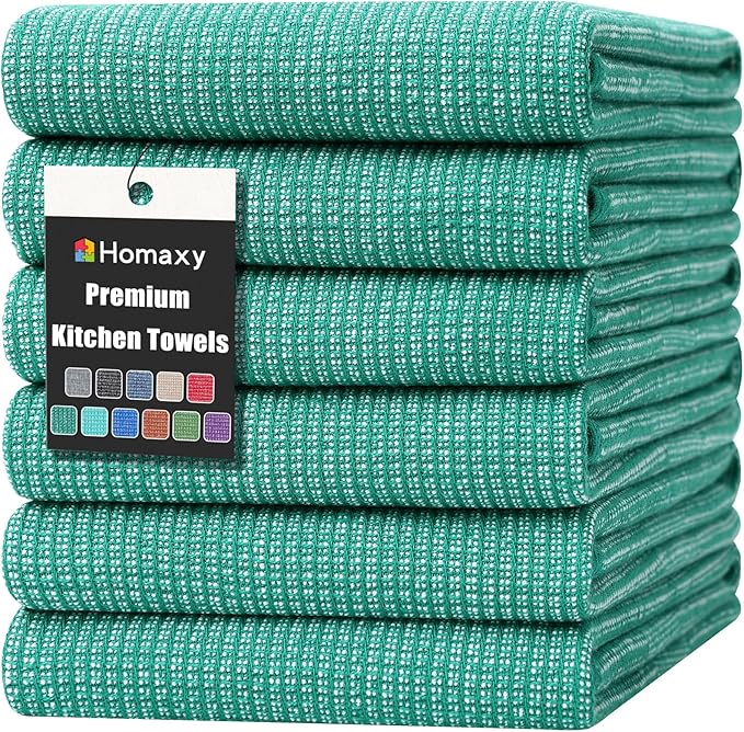 Homaxy Premium Kitchen Towels(18”x 28”, 6 Pack), Large Cotton Kitchen Hand Towels, Flat and Terry Dish Towels, 380 GSM Highly Absorbent Tea Towel Set with Hanging Loop, Green