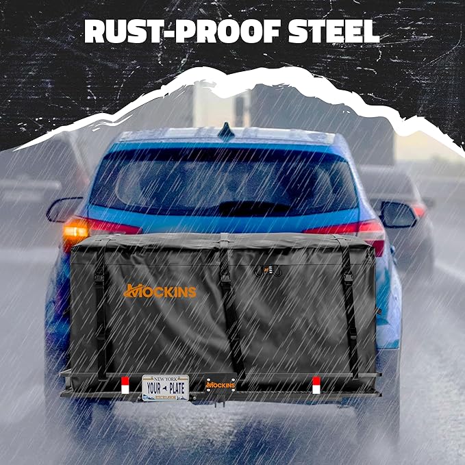 Mockins 60"x24"x6" XL Heavy Duty Trailer Hitch Cargo Carrier | 500 Lbs. Cap Luggage Rack for SUV Car Truck | Steel Hitch Rack Cargo Carrier Set w/License Plate Bracket, Straps, Stabilizer, Lock & Net