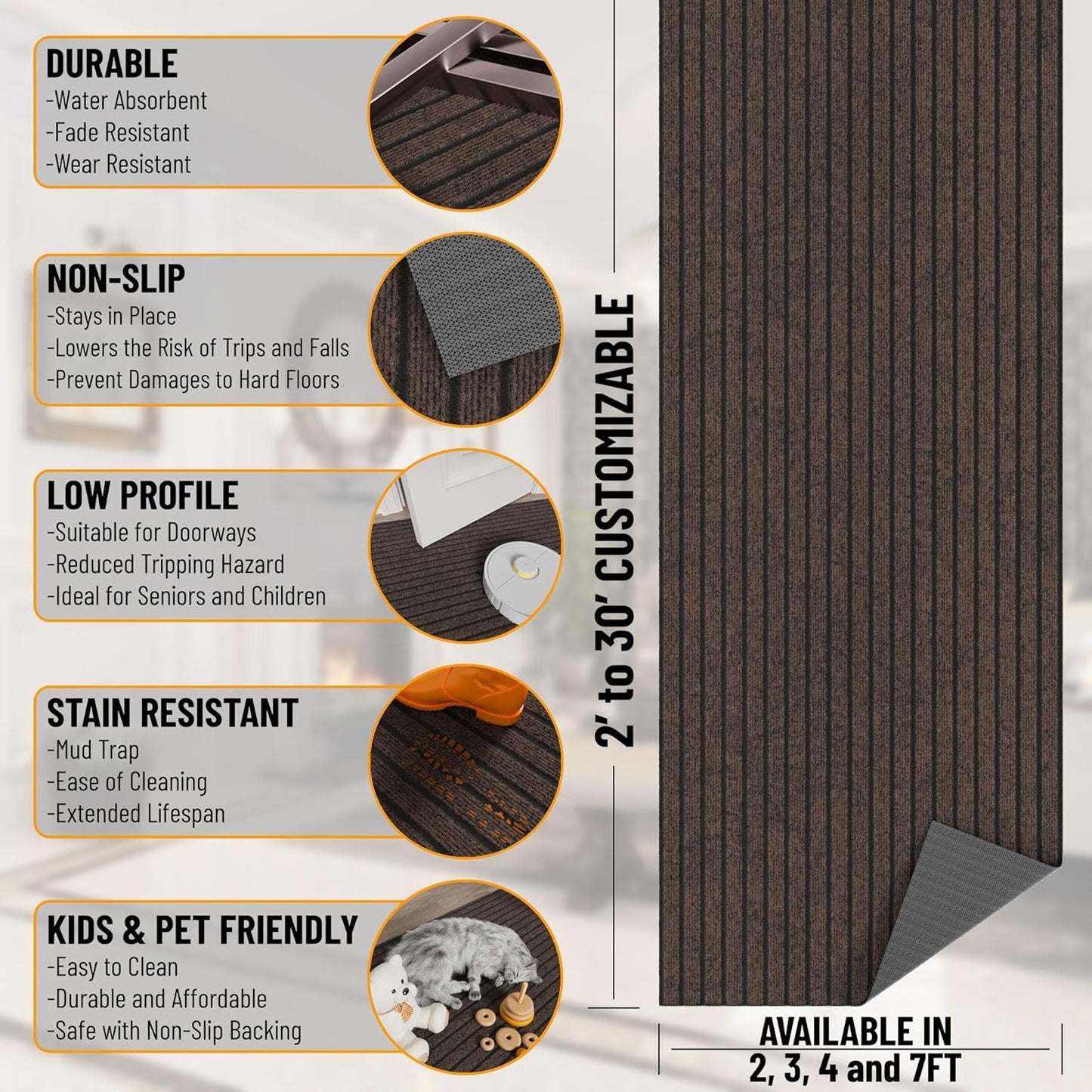 Ottomanson 2' x 9' Hallway Runner with Scraper Pile Extra Durable Non-Slip Rug Mat for Indoor & Outdoor Use - Ideal for Kitchen, Entryway, Patio & Garage - High-Traffic Carpet, Brown