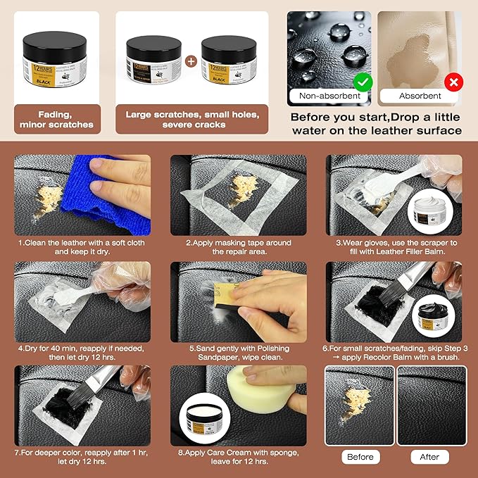 12H Quick-Dry Leather Repair Kit with 3.53Oz Black Leather Recoloring Balm, Filler & 4.23Oz Care Cream, 3-in-1 Vinyl Repair Set for Sofa, Car Seats, Jackets, Purses, Shoes, Faux Leather and More