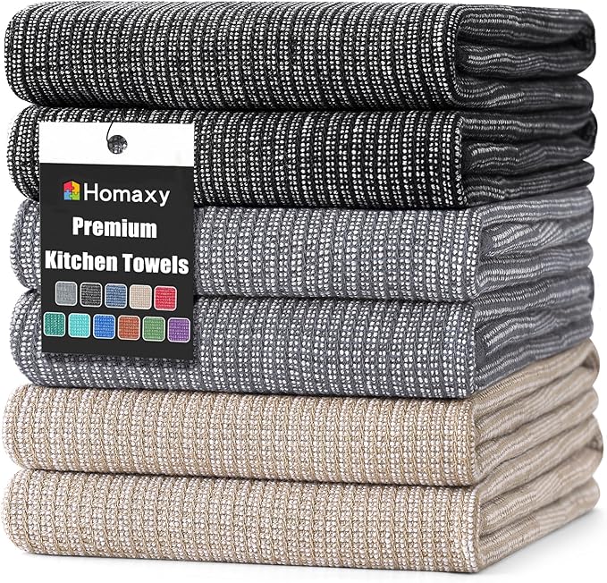 Homaxy Premium Kitchen Towels(18”x 28”, 6 Pack), Large Cotton Kitchen Hand Towels, Flat and Terry Dish Towels, 380 GSM Highly Absorbent Tea Towel Set with Hanging Loop, Grey/Khaki/Black