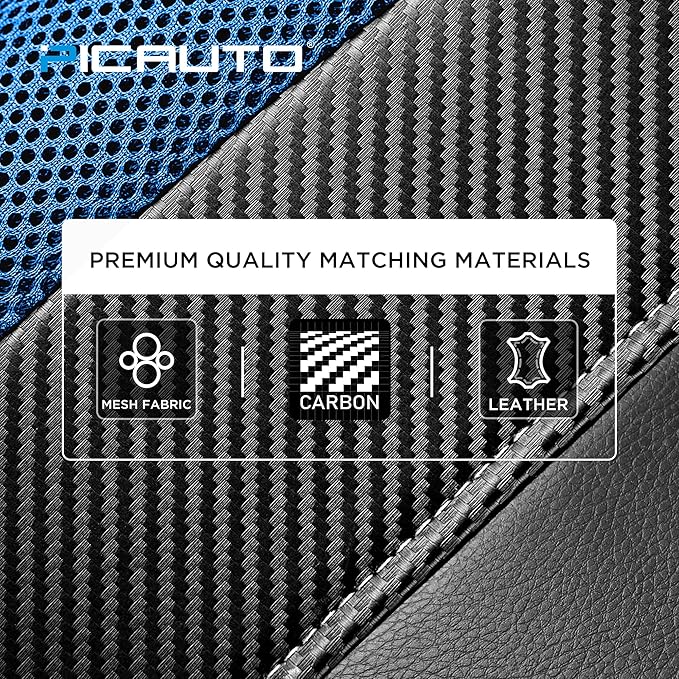 PIC AUTO Leather Car Seat Covers, Sports Carbon Fiber & Mesh Design, High-Back Two Front Set, Waterproof Automotive Seat Covers, Airbag Compatible, Universal Fit for Most Cars (Black & Blue)