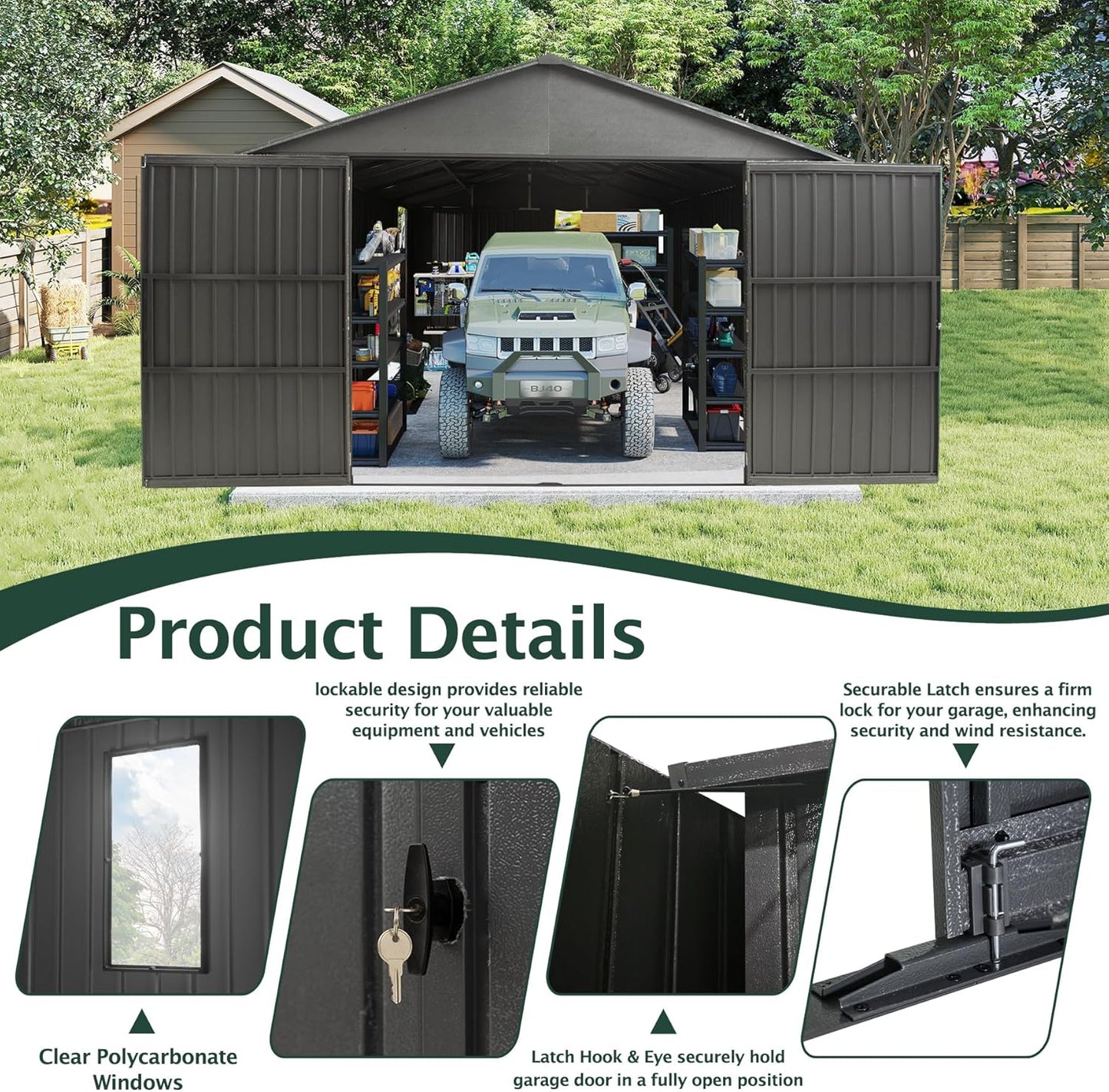 Domi 12’x20’ Outdoor Metal Garage Shed, All Weather Enclosed Carport with Sidewalls & 2 Lockable Doors, Extra Large Backyard Storage Shed for Car, Truck, Lawn Mower, 80MPH Wind Resistance, Dark Grey
