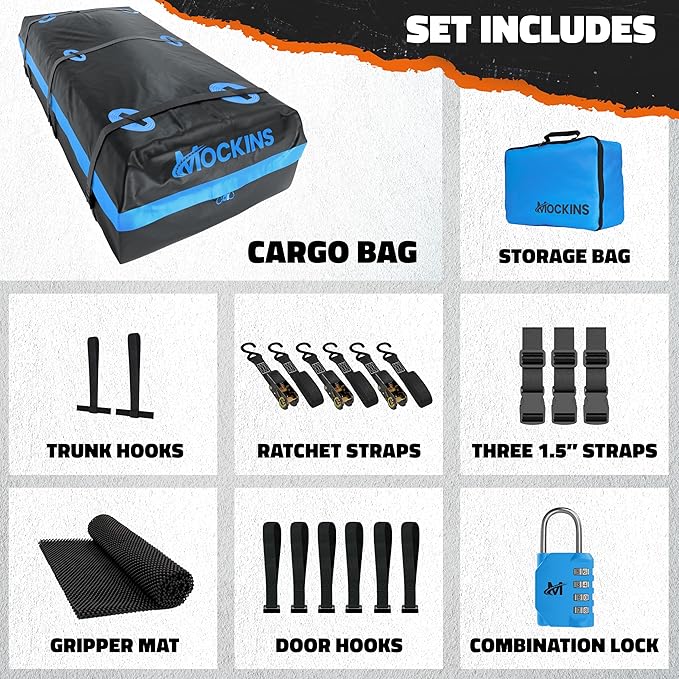 Mockins 35 CuFt XL Car Rooftop Cargo Carrier Bag | 80"x40"x19" Car Top Carrier Without Roof Rack | All Weather Soft-Shell Vinyl Waterproof Cargo Bag for Top of Car Storage w/Roof Bag Accessories