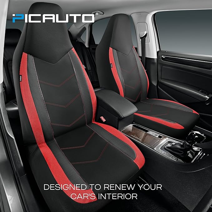 PIC AUTO High Back Front Car Seat Covers - Sports Carbon Fiber Mesh Design, Universal Fit, Airbag Compatible (Red)