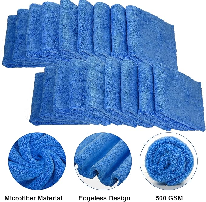 Shimeyao 30 Pcs Edgeless Microfiber Plush Towels for Cars Detailing Drying Wash Polishing Absorbent Cleaning Cloths, 500 GSM, 16 x 16 Inch(16 x 16 Inch,Dark Blue,30 Pcs)
