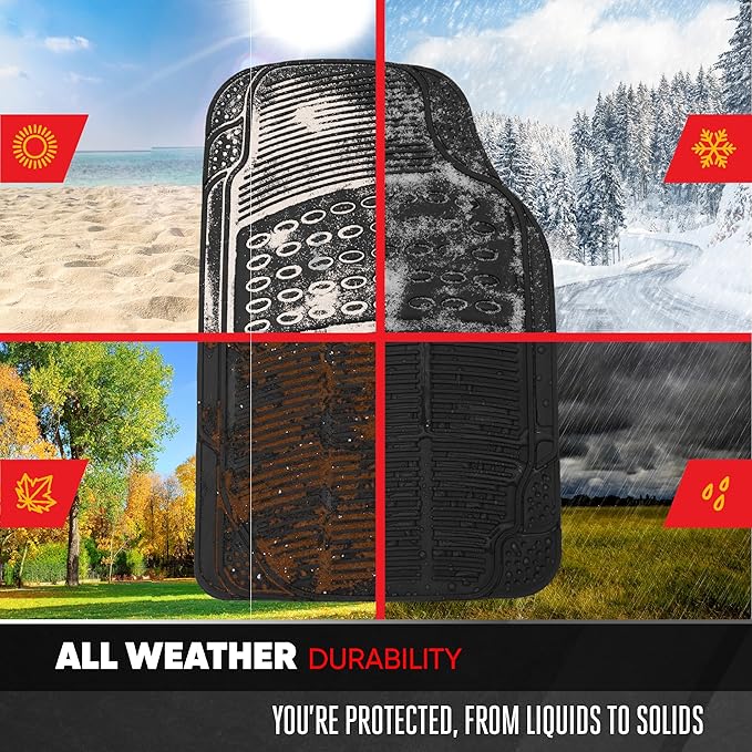 BDK Proliner All Weather Rubber Auto Floor Mats and Trunk Cargo Liner - Front & Rear Heavy Duty Set Fit for Car SUV Van and Truck, Black, 4 Pieces (Trim to Fit)