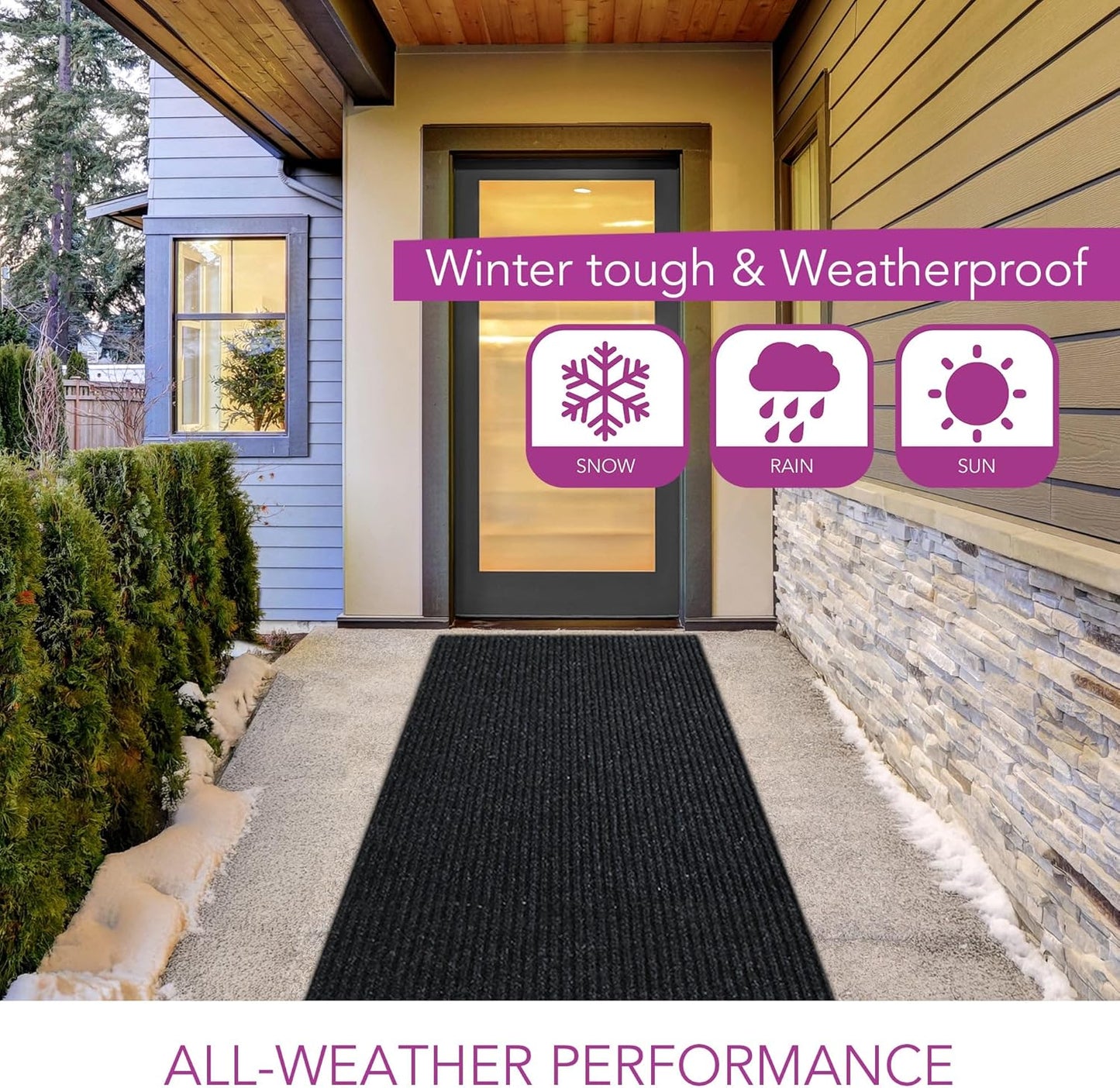 iCustomRug Spartan Weather Warrior Indoor/Outdoor Utility Ribbed Carpet Runner with Non-Slip Thermoplastic Rubber Backing, 3ft X 7ft in Black