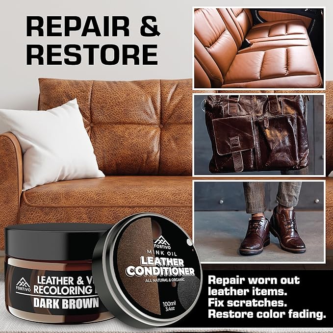 FORTIVO Leather Recoloring Balm with Mink Oil, Couch Repair Kit, Leather Dye and Restorer for Furniture