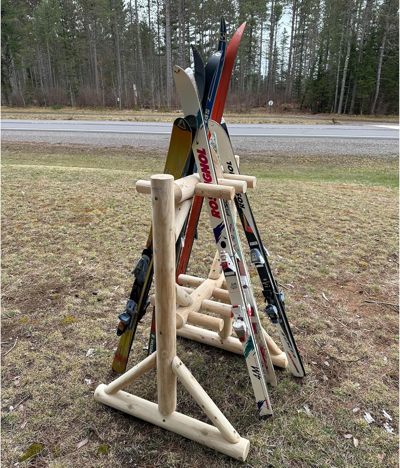 8-Place Freestanding Log Ski Rack Holder, Indoor & Outdoor Snowboard Racks, Standing Storage, Garage Racks for Snow Skis, Durable Snowboard Rack Garage Storage Organizer-Canyon Brown + 15" Anchor Kit