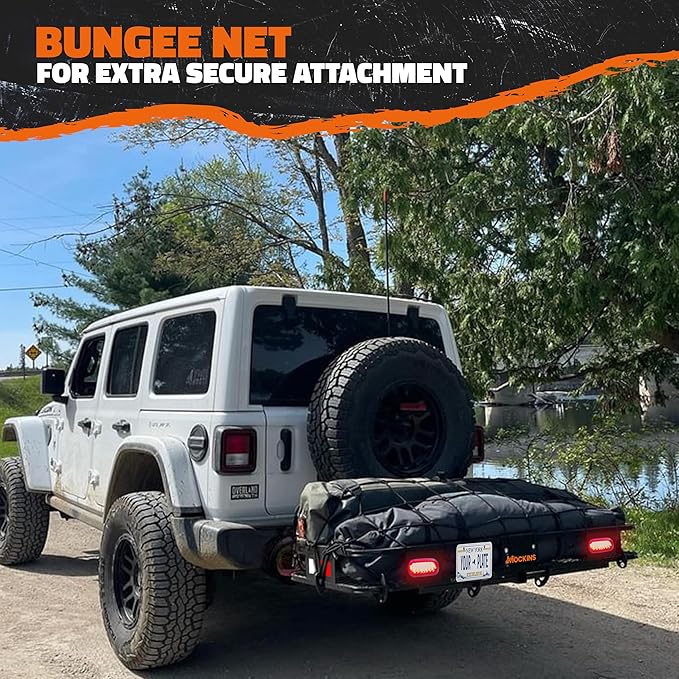 Mockins 60"x20"x6" Folding Trailer Hitch Cargo Carrier w/License Plate Holder, Rear Lights & More | 500Lbs. Cap Cargo Carrier Hitch Mount Basket | Weatherproof Luggage Rack for SUV, Car, Truck & RV