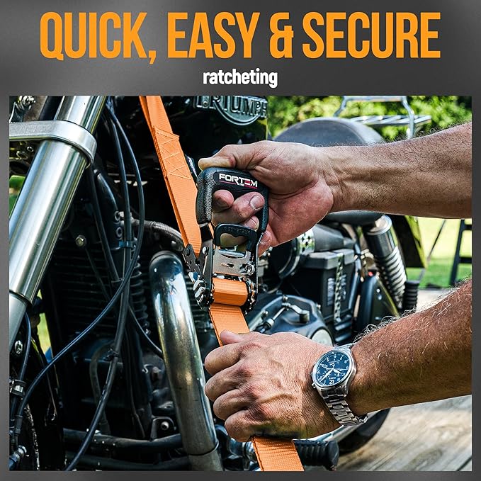 FORTEM Ratchet Tie Down Straps, 5208lb Break Strength, 4 Pack 10ft x 1.5in Heavy Duty Straps, 4 Soft Loops, Cam Buckles for Motorcycles, Safety Lock S Hooks, Carry Bag
