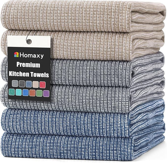 Homaxy Premium Kitchen Towels(18”x 28”, 6 Pack), Large Cotton Kitchen Hand Towels, Flat and Terry Dish Towels, 380 GSM Highly Absorbent Tea Towel Set with Hanging Loop, Multicolor