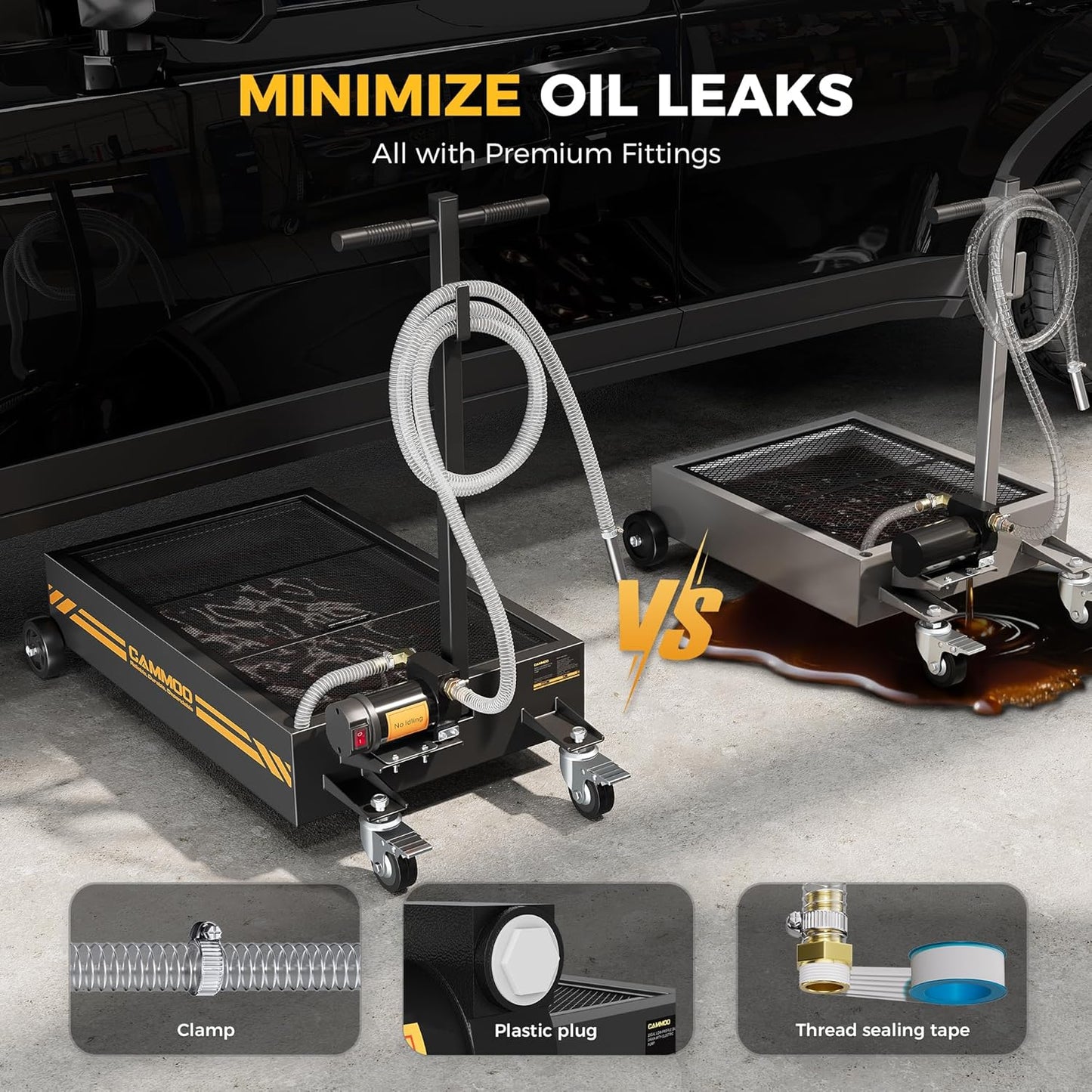 15 Gal Electric Oil Drain Pan, 110V High-Flow Pump, 9.8 FT Hose, 200 W Motor, 2 Locking Swivel Casters and 2 Directional Wheels Stable, Folding Handle, Heavy-Duty for Trucks, RVs, SUVs, Black