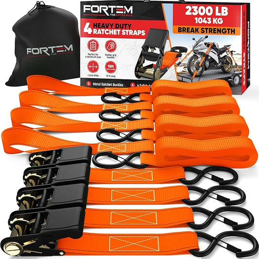 FORTEM Ratchet Straps, Tie Down Strap Set 2300lb Break Strength, 4 Pack 15ft x 1in, 4 Soft Loops, Moving Straps Tie Downs, Cargo Cam Buckles for Trucks, Carry Bag, for Men