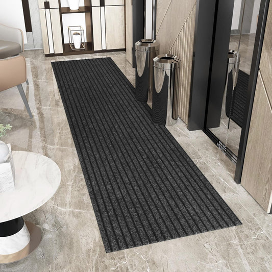 Ottomanson 2' x 42' Hallway Runner with Scraper Pile Extra Durable Non-Slip Rug Mat for Indoor & Outdoor Use - Ideal for Kitchen, Entryway, Patio & Garage - High-Traffic Carpet, Black
