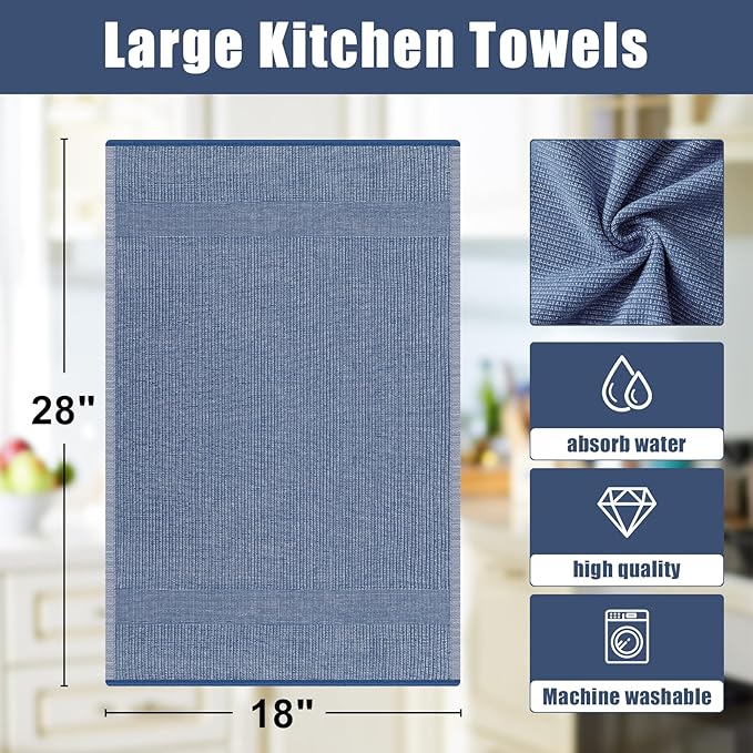 Homaxy Premium Kitchen Towels(18”x 28”, 6 Pack), Large Cotton Kitchen Hand Towels, Flat and Terry Dish Towels, 380 GSM Highly Absorbent Tea Towel Set with Hanging Loop, Navy Blue/Red/Green