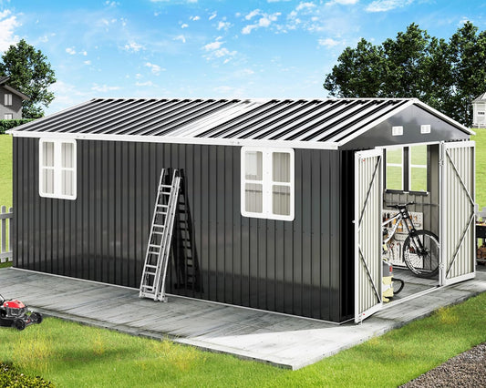 AMERLIFE 10x16.3x7 FT Galvanized Steel Storage Shed with Dual Transparent Panels, 4 4-Pane Windows & Hinged Double Doors, Outdoor Shed for Backyard, Garden, Patio, Dark Grey/White