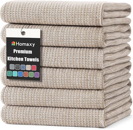 Homaxy Premium Kitchen Towels(18”x 28”, 6 Pack), Large Cotton Kitchen Hand Towels, Flat and Terry Dish Towels, 380 GSM Highly Absorbent Tea Towel Set with Hanging Loop, Khaki