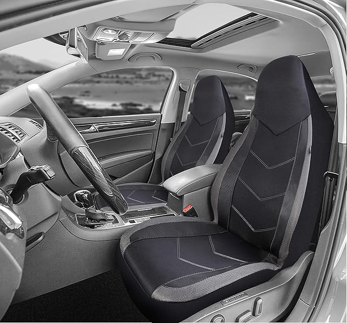 PIC AUTO High Back Front Car Seat Covers - Sports Carbon Fiber Mesh Design, Universal Fit, Airbag Compatible (Gray)