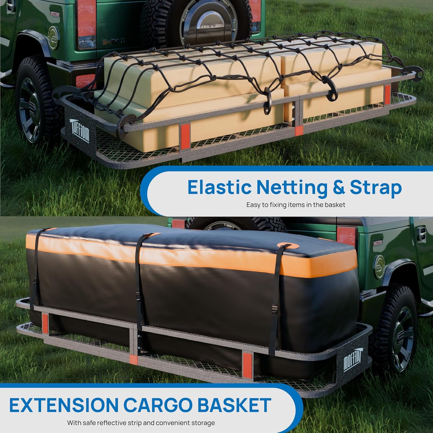 Bonnlo 60''X 20''X6'' Folding Hitch Mount Cargo Carrier Basket with Stablizer, Waterproof Bag, Net, Straps, 500 LBS Capacity Rear Luggage Rack Basket Fits Sedan, SUV, TAN