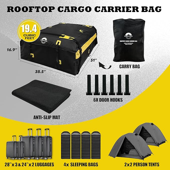 Rooftop Cargo Carrier Vehicle Soft-Shell Carriers, Heavy Duty Car Roof Bag Waterproof Without Rack, Car Topper Luggage Carrier-with 6 Hooks&Mat(19.4 Cuft)