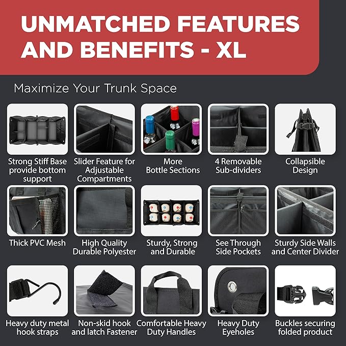 TRUNKCRATEPRO - XL Trunk Organizer For SUV, Car, Truck with 6 Compartments Adjustable Collapsible Portable Non-Skid Premium Cargo Storage Truck Organizer W Straps, Heavy Loads (Extra Large, Gray)