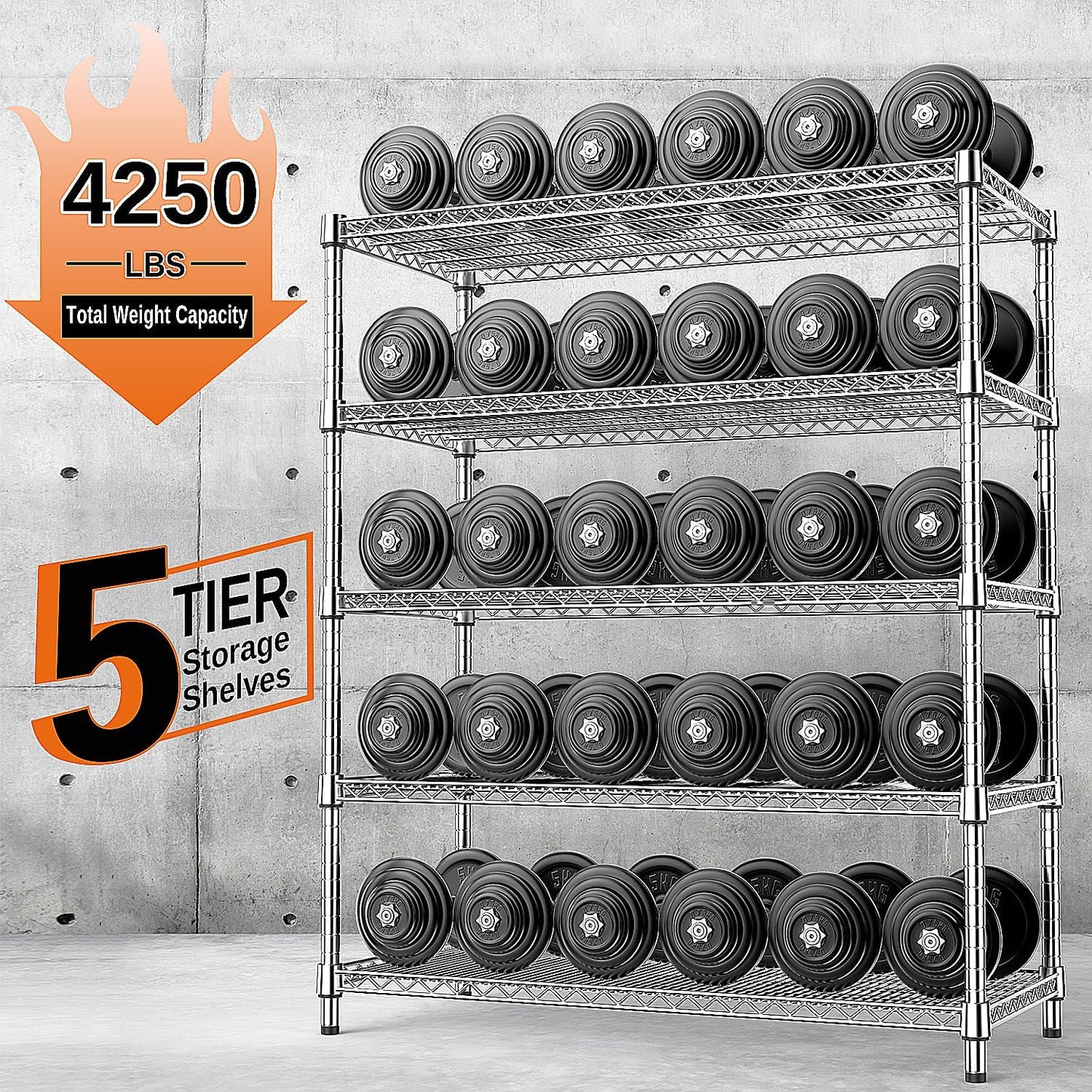 IZEUK 3300 LBS Garage Shelving Wide Storage Shelves 5 Tier Metal Shelves Heavy Duty Adjustable Utility Shelf Rack Chrome 17.7" D x 59.1" W x 70.4" H