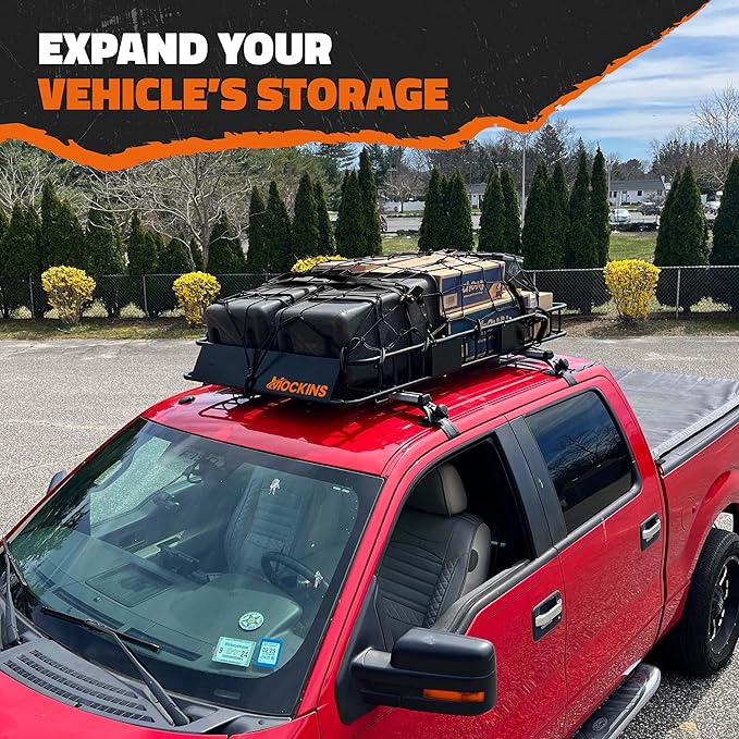 Mockins 64"x39"x6" Extendable Roof Rack Cargo Carrier for Top of Vehicle | 250lbs. Cap Car Top Carrier | Rooftop Cargo Basket for SUV, Car, Van & More | Roof Basket Set w/Ratchet Straps & Bungee Net