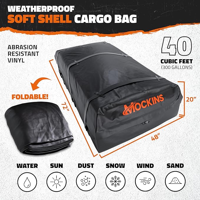 Mockins 72"x48"x20" XXL Car Rooftop Cargo Carrier Bag | 40 CuFt Car Topper Luggage Carrier Waterproof Bag | Soft-Shell Vinyl Roof Cargo Bag for Top of Car, Truck, SUV, Van & RV with Accessories