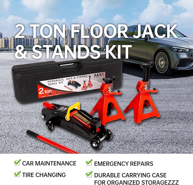 2-Ton (4400 lbs) Hydraulic Low Profile Trolley Garage Service/Floor Jack with Blow Mold Carrying Storage Case and 1 Pair 2 Ton Jack Stands for Home and Workshop Vehicle Maintenance