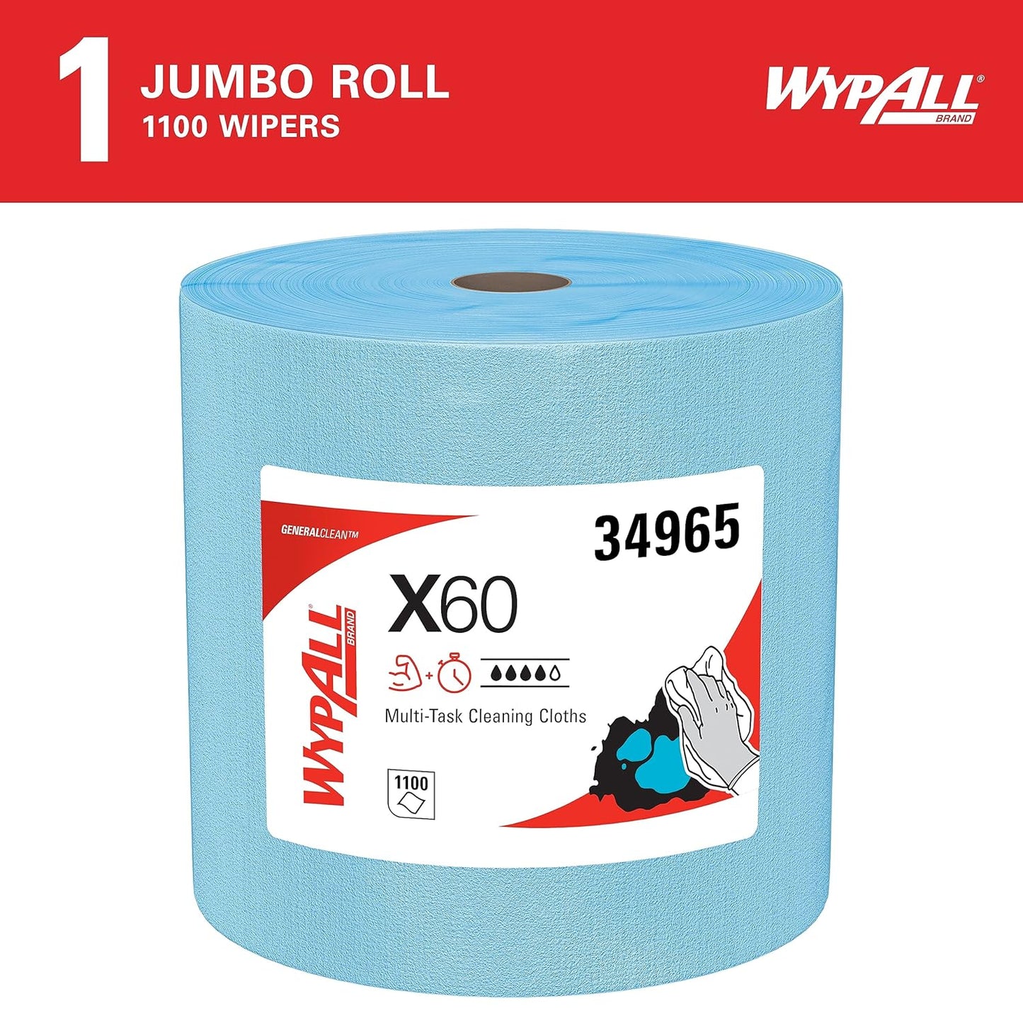 WypAll GeneralClean X60 Cloths Multi-Task Cleaning Wipes, Jumbo (34965), Strong and Absorbent Towels, Blue (1 Roll of 1,100 Sheets, 1,100 Sheet Total)