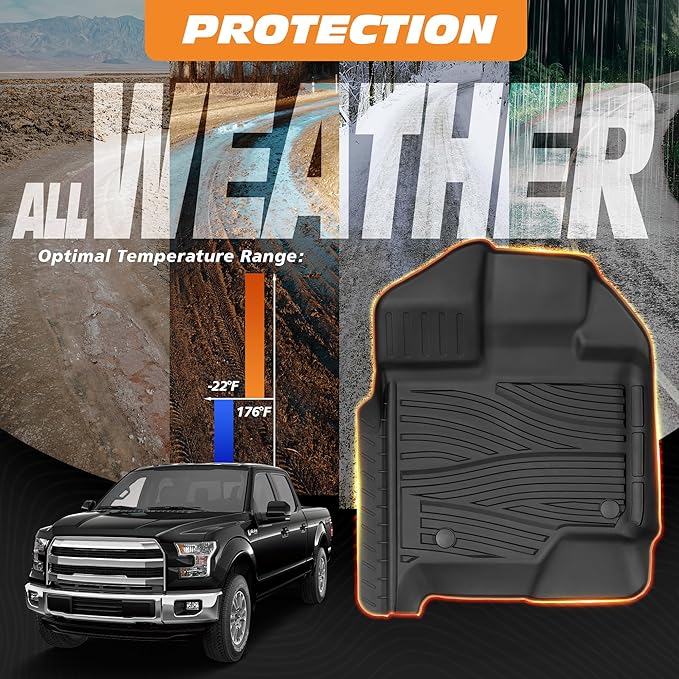 Floor Mats for 2015-2025 Ford F150 SuperCrew Cab Including 22-25 Lightning w/o Fold Flat Storage |Custom Fit| Front & Rear | Front Bucket | All-Weather Car Liners for Trucks