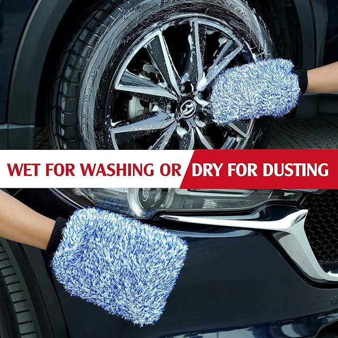 TAKAVU New Car Wash Mitt, 2 Pack Premium Cyclone Microfiber Washing Gloves, Holds Tons of Sudsy Water for Effective Washing, Machine Washable, Lint Free, Scratch Free (Blue)