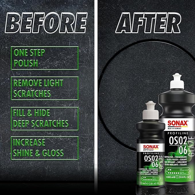 SONAX Glaze OS 02-06 247141 | All-in-One Car Polish for Scratch Removal, High-Gloss Finish & Ceramic Protection | SiO2-Based 6-Month Durability | Hologram-Free Results for All Paint | 250ml