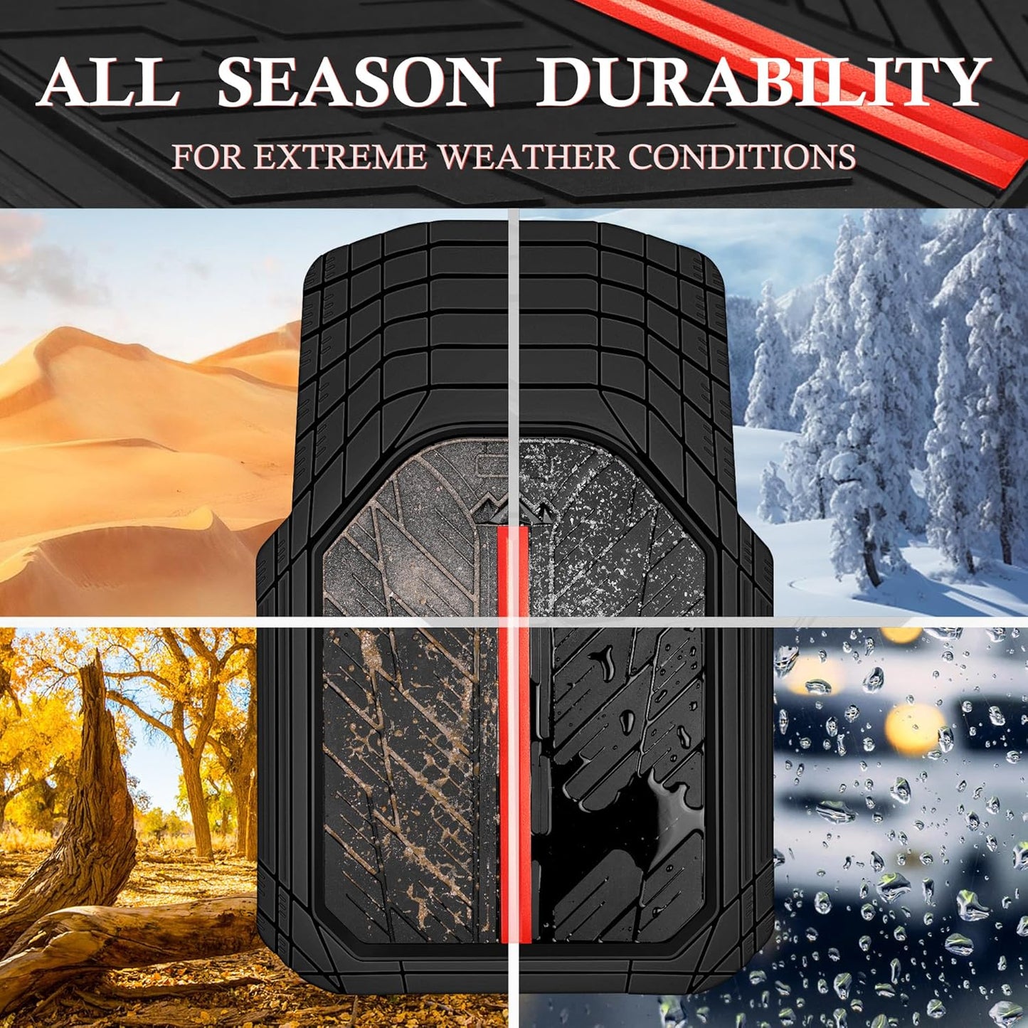 CAR PASS Metal Medium Rubber Floor Mats for car Heavy Duty car mats All Weather, Universal Trim to Fit for Truck SUV Vehicle Automotive Floor Mats, Waterproof car mats 4 Piece (Red Black)