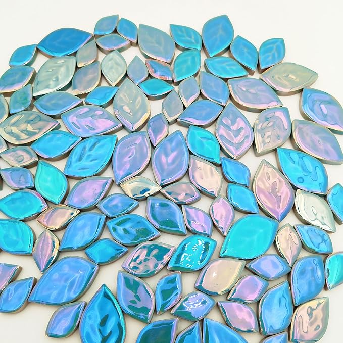 1.1LB Random Iridescent Leaves Ceramics Mosaic Tiles, Making Creative 3 Size Ceramic Mosaic Pieces for DIY Craft,Flowerpots, Vases, Cups, Garden Decor Mosaic Making Supplies (Sky Blue)