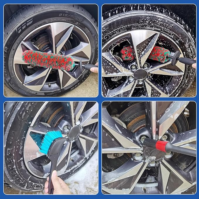5 Pack Car Wheel and Tire Cleaner Brushes Kit Auto Motorcycle Rim Ultra Soft Microfiber Bendable No Spatter Woolies Bristle Cleaning Set (Red & Green)