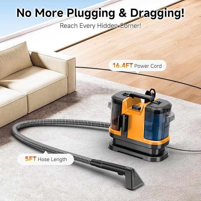 Portable Spot Cleaner Machine for Carpet and Upholstery - 18Kpa Carpet Cleaner with Dual BrushHeads, Easy Move, Cleaning Machine for Furniture, Couch, Stairs, Car and Pet Stain,Yellow