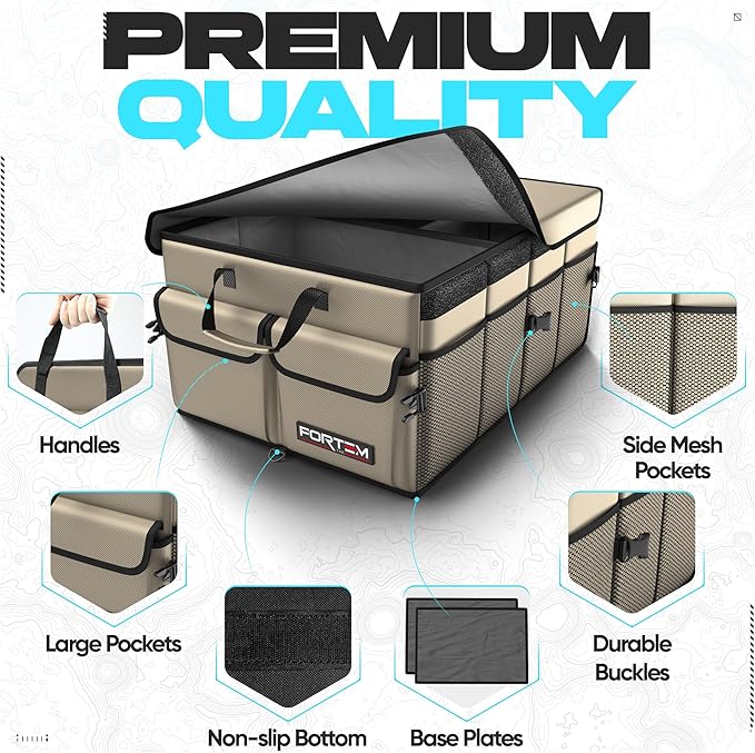 FORTEM Car Trunk Organizer, Collapsible Multi Compartment SUV Organizer, Foldable Storage for Car Accessories for Women Men, 600D Oxford, Non Slip Bottom, Securing Straps, Soft Cover (50L)