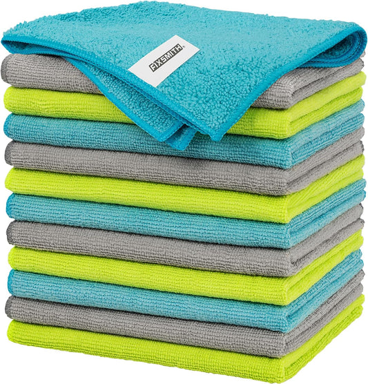 FIXSMITH Microfiber Cleaning Cloth - Pack of 12, Multi-Functional Towels, Size: 12 x 16 in, Highly Absorbent Rags, Lint-Free, Streak-Free for Car, Kitchen, Home, Office