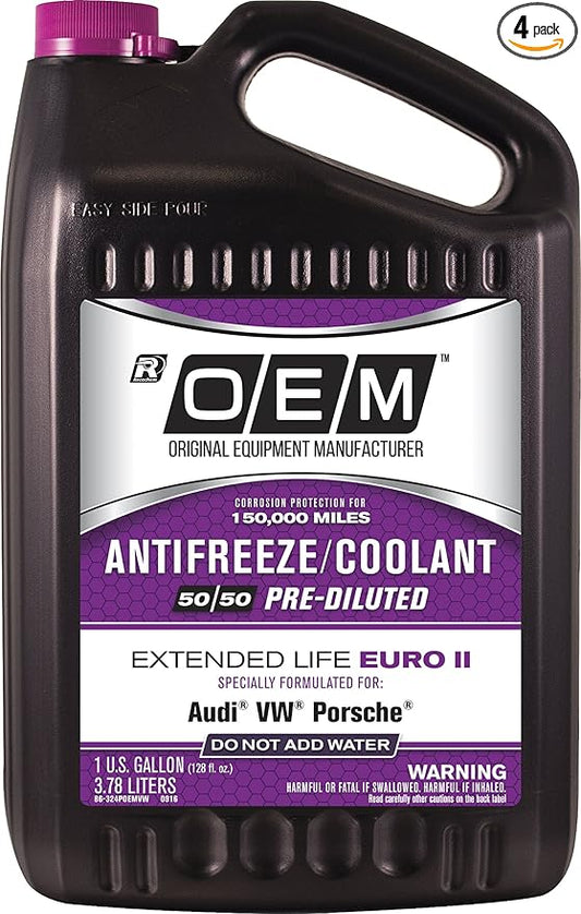 OEM Recochem European Vehicles Premium Antifreeze 50/50 Extended Life Coolant Purple, 1 Gallon, 4 Pack