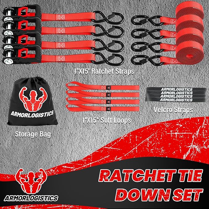 Ratchet Straps (4 Pack) - 1in x 15ft Motorcycle Strap Tie Downs with 15ft Soft Loops - 2,100lb Break Strength Ratchet Tie Down Straps for Motorcycles, Truck, Cargo - Safety S Hook, Storage Bag