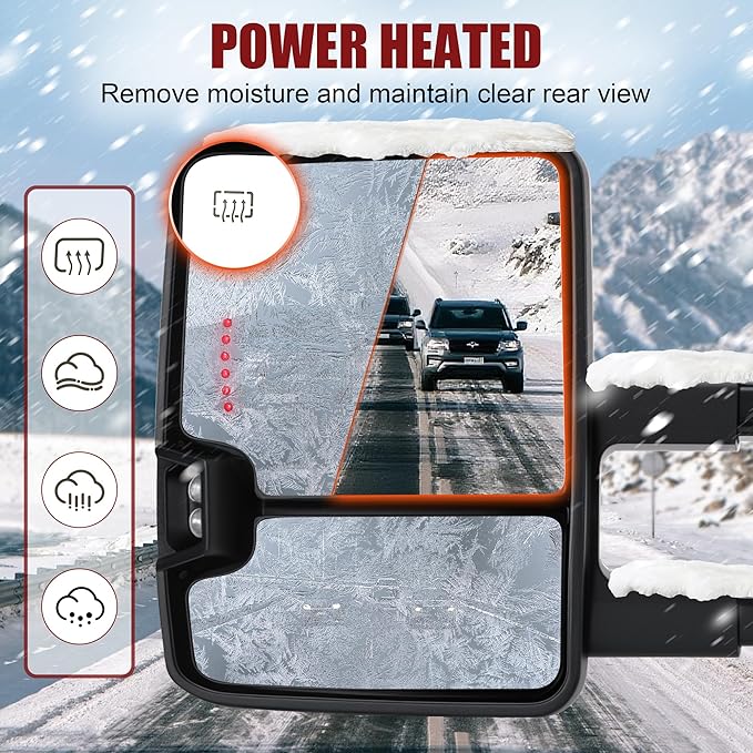 Tow Mirrors Compatible with 2007-2021 Tundra, 2008-2017 Sequoia, Extended Trailer Towing Side Mirrors with Sequential Switchback Turn Signal, Power Heated, Backup Light, Arrow Light, Chrome