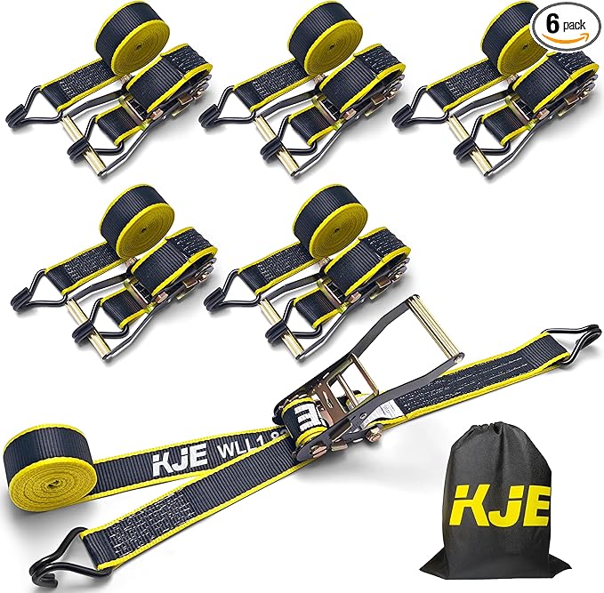 KJE Ratchet Straps Heavy Duty(6 Pack), 2" x 15' Black Ratchet Strap 5,500 Lbs Max Break Strength, Tie Down Ratcheting with J-Hook, Cargo Straps for Truck, Trailer, Moving Appliances