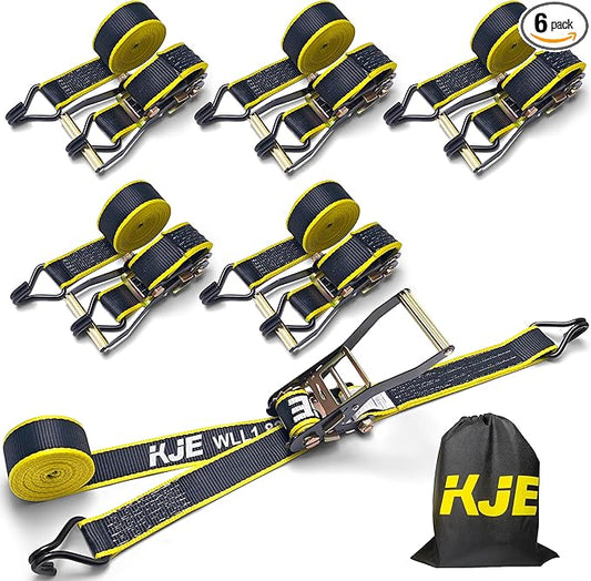 KJE Ratchet Straps Heavy Duty(6 Pack), 2" x 15' Black Ratchet Strap 5,500 Lbs Max Break Strength, Tie Down Ratcheting with J-Hook, Cargo Straps for Truck, Trailer, Moving Appliances