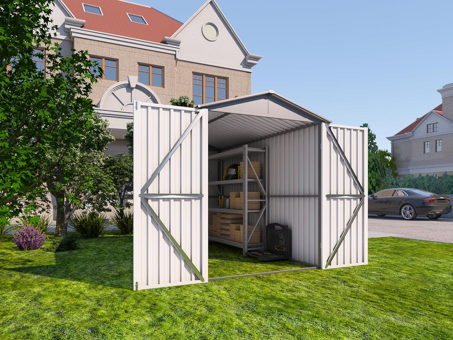 Motorcycle Steel Storage Shed with Window & Tracks,Outdoor Weather-Resistant Storage Box for Bikes, Tools, Sports Equipment,Easy Assembly, 121" W Gray+White