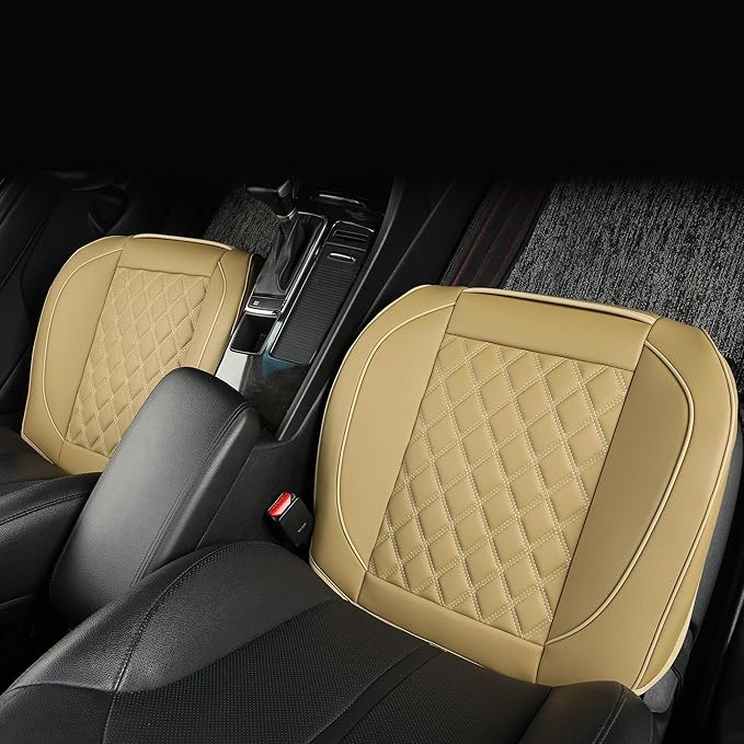 2 Pack Leather Front Car Seat Covers,Bottom Seat Covers for Cars,Driver Car Seat Cushion Cover,Luxury Seat Protectors,Waterproof,Full Wrap,for Most Vehicles,Sedan,Truck,SUV(Beige)